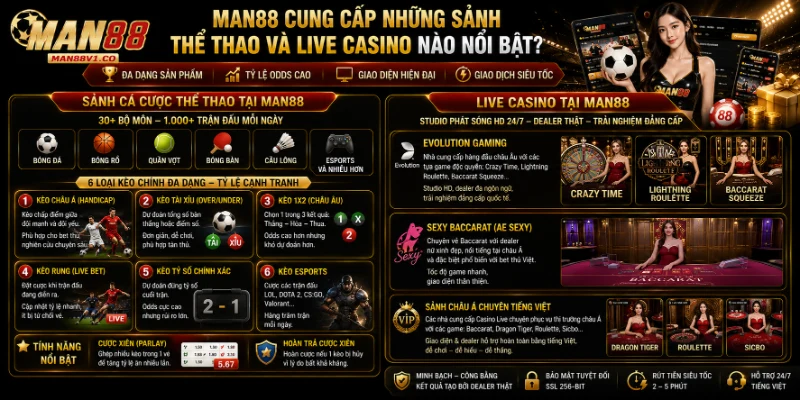 MAN88 cung cấp những sảnh Thể Thao và Live Casino nào nổi bật?